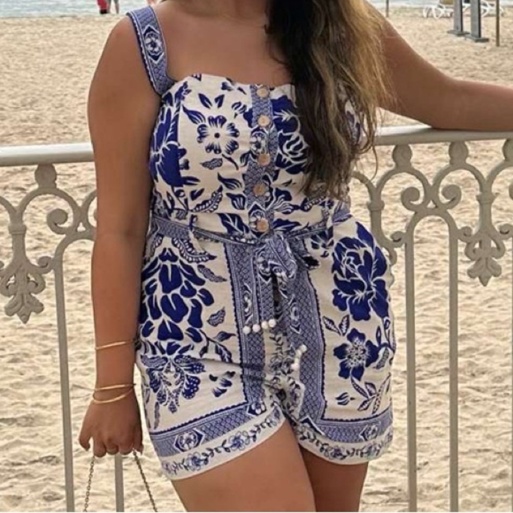 Blue and White Floral Romper